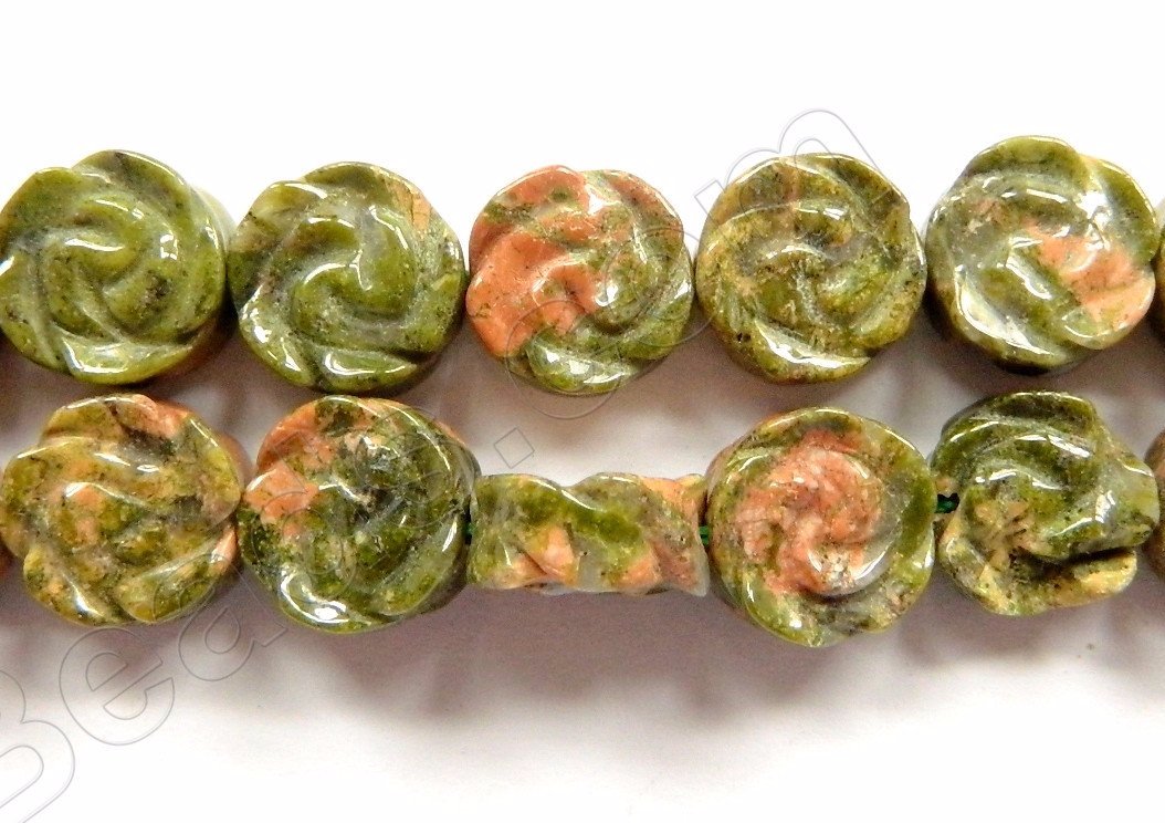 Unakite -  Carved Round Rose Coin  16"     12 mm