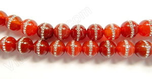 Carnelian  -  Marcasite Lined Smooth Round Beads 16"