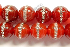 Carnelian  -  Marcasite Lined Smooth Round Beads 16"