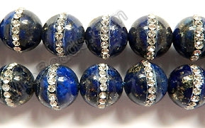 Lapis Lazuli  -  Marcasite Lined Smooth Round Beads 16"