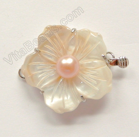 Shell Clasps - Natural Carved Flower w/ Peach Pearl For Single Strand