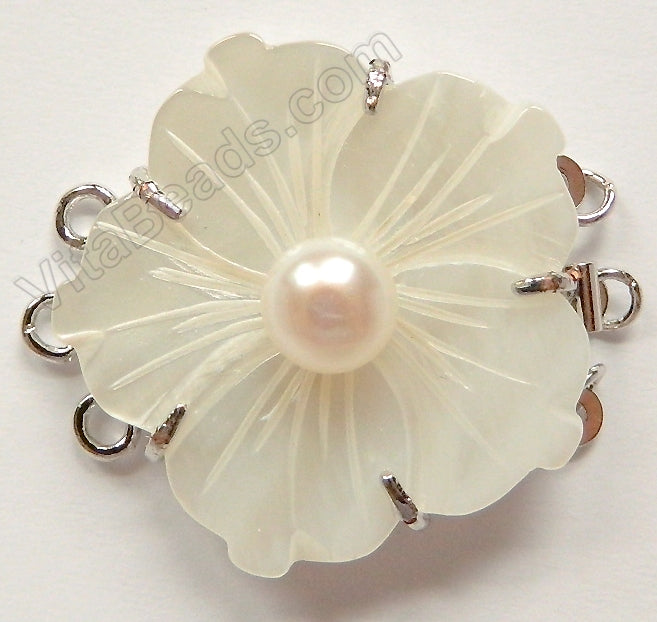 Shell Clasps - White Carved Flower w/ Pearl For triple Strand