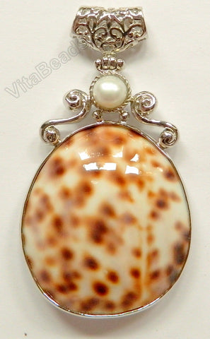 Dalmatian Oval Shell Pendant w White Pearl Setting