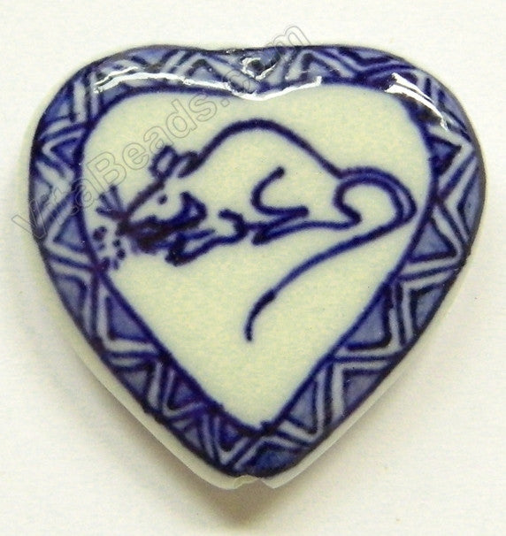 Porcelain Beads, Pendant - Blue &. White   30 mm Mouse Heart