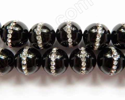 Black Onyx  -  Marcasite Lined Smooth Round Beads 16"     12 mm