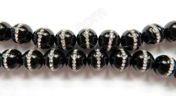 Black Onyx  -  Marcasite Lined Smooth Round Beads 16"     12 mm