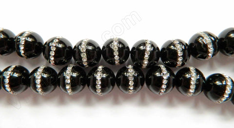 Black Onyx  -  Marcasite Lined Smooth Round Beads 16"     14 x 15 mm