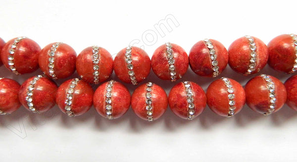 Red SpongeCoral  -  Marcasite Lined Smooth Round Beads 16"