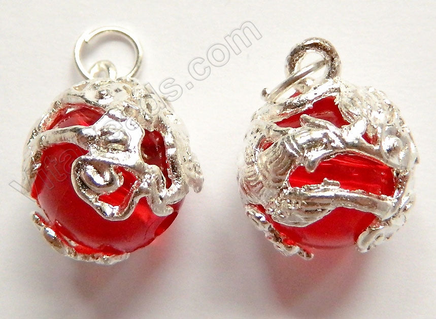 Rhodium Plated Copper Pendant Silver Dragon on Red Crystal Ball