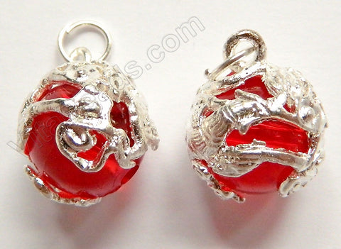 Rhodium Plated Copper Pendant Silver Dragon on Red Crystal Ball