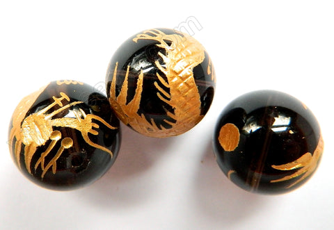 Black Onyx   Carved Gold Dragon Smooth Round Bead