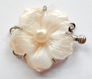 Shell Clasps - Natural Carved Flower w/ Pearl For Double Strand