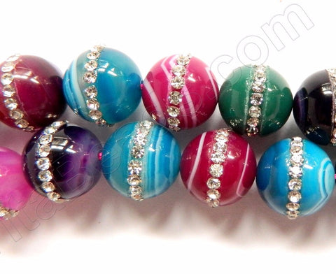 Mixed Sardonix Agate  -  Marcasite Lined Smooth Round Beads 16"