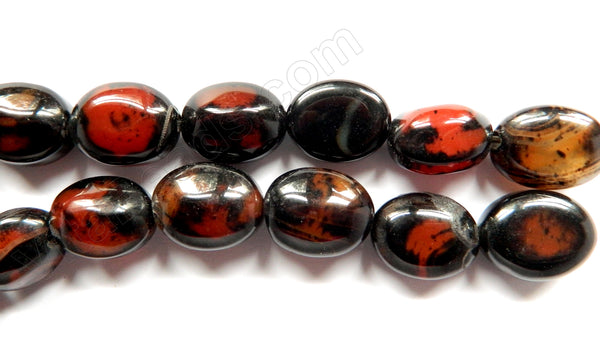 Black Red Sardonix Agate  -  Puff Oval Pebble Beads 14"