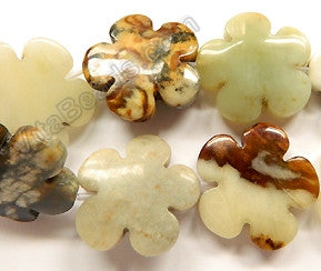 Fire New Jade  -  Carved 5 Petal Flower Strand  16"