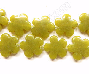 Olive Jade  -  Carved 5 Petal Flower Strand  16"    20 mm