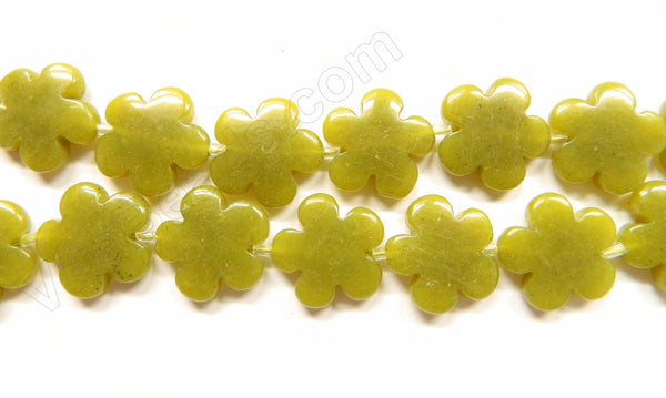 Olive Jade  -  Carved 5 Petal Flower Strand  16"    20 mm