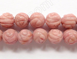 Rhodonite Light  -  Carved Rose Round Beads  16"