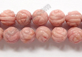 Rhodonite Light  -  Carved Rose Round Beads  16"