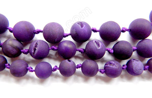 Frosted Dark Purple Agate w/ Crystal Knot  -  Smooth Round Beads 16"