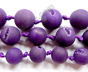 Frosted Dark Purple Agate w/ Crystal Knot  -  Smooth Round Beads 16"