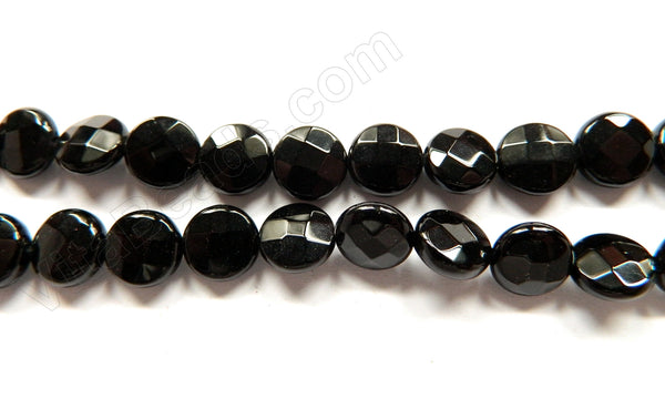 Black Onyx AAA  -  Faceted Coins  16"     10 mm