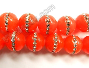 Orange Red Jade  -  Marcasite Lined Smooth Beads 16"