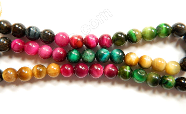 Mixed 5 Color Tiger Eye AAA  -  Smooth Round  16"    8mm