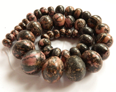 Dark Black Line Rhodonite   Graduated Smooth Rondel Strand 16"    6x10mm - 15x20mm