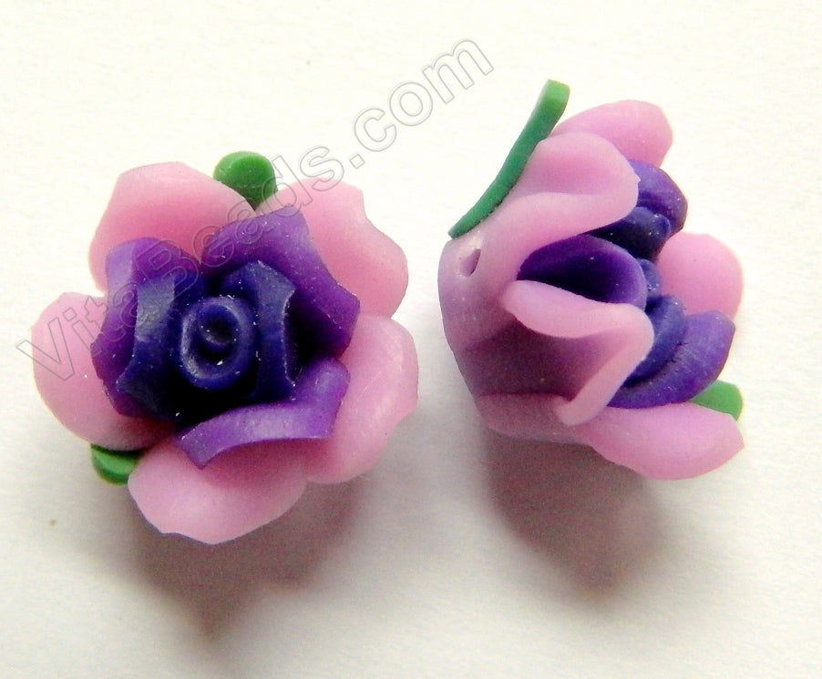 Polymer Clay Flower Pendant   Purple Pink w Leaves