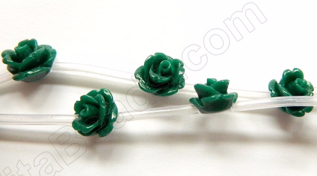 Dark Green Stone  -  Carved Rose Strand  10"     10 x 10 x 8 mm