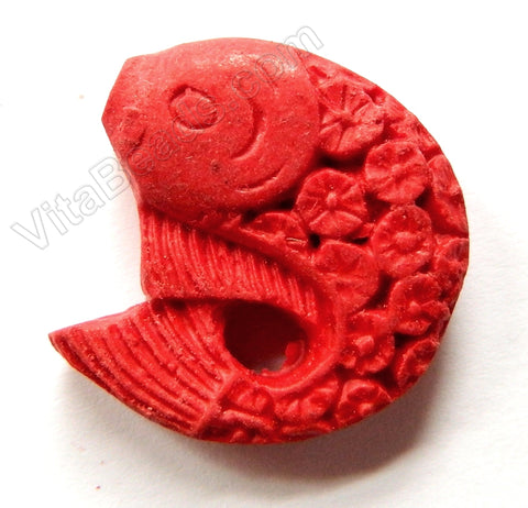 Cinnabar Lacquer Red  -  Carved Jumping Fish Pendant