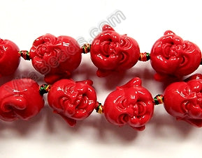 Synthetic Dark Red Coral Stone  -  Carved Laughing Buddha Head