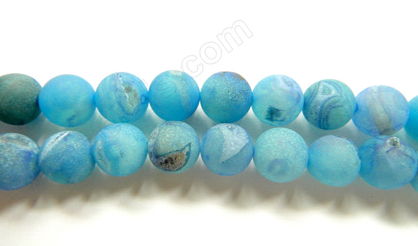 Frosted Aqua Blue Agate w/ Crystal  -  Smooth Round Beads  16"