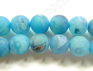 Frosted Aqua Blue Agate w/ Crystal  -  Smooth Round Beads  16"