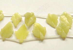 Light Olive Jade  -  Carved Leaves Top Drilled  16"