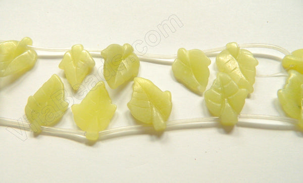 Light Olive Jade  -  Carved Leaves Top Drilled  16"