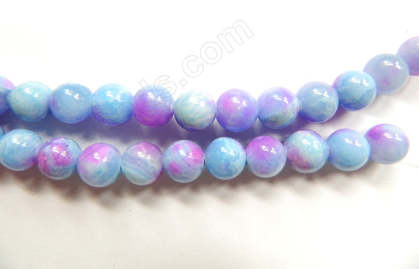 Blue Purple White Candy Jade - Smooth Round Beads  16"     10 mm