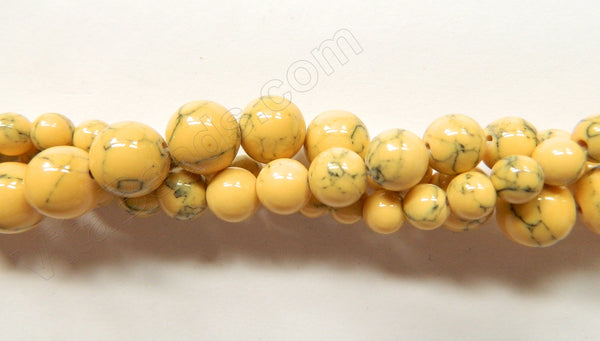 Synthetic Cream Yellow TQ w/ Matrix  -  Smooth Round Beads  16"