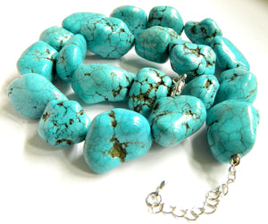Blue Cracked Chinese Turquoise    Statement Tumble Necklace 18-20"