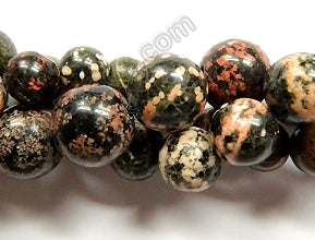 Black Leopard Skin Jasper  -  Smooth Round Beads  16"