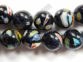 Blue Goldstone w Glass Flower Recomposed  -  Smooth Round Beads  16"