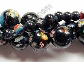 Blue Goldstone w Glass Flower Recomposed  -  Smooth Round Beads  16"