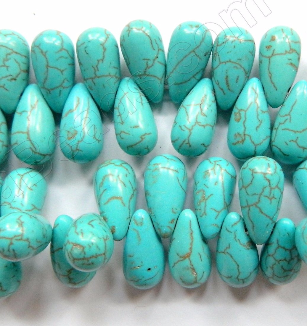 Blue Cracked Turquoise  -  Smooth Round Teardrops Top-drilled 16"