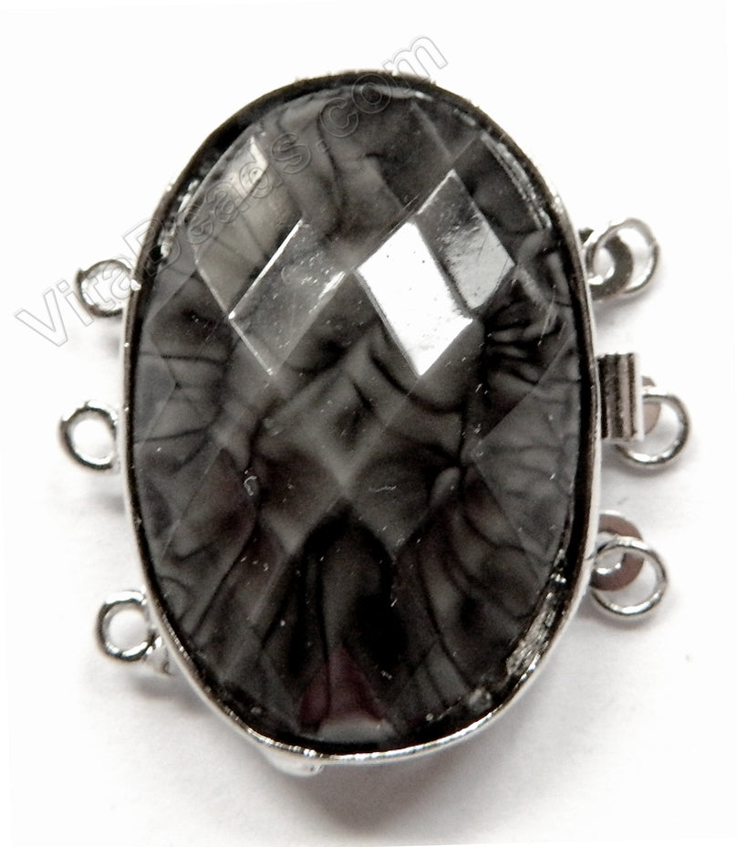Oval Clasps w/ Black Resin Stone Triple Strand