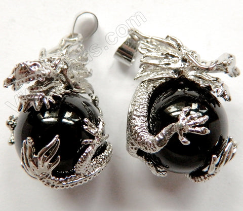 Black Onyx Pendant Round Beads w/ Silver Dragon Design