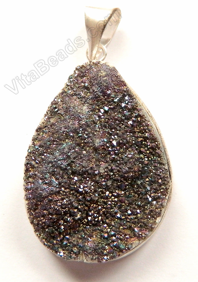 Druzy Agate Pendant - Dark Peacock w/ Silver Edge and Bail