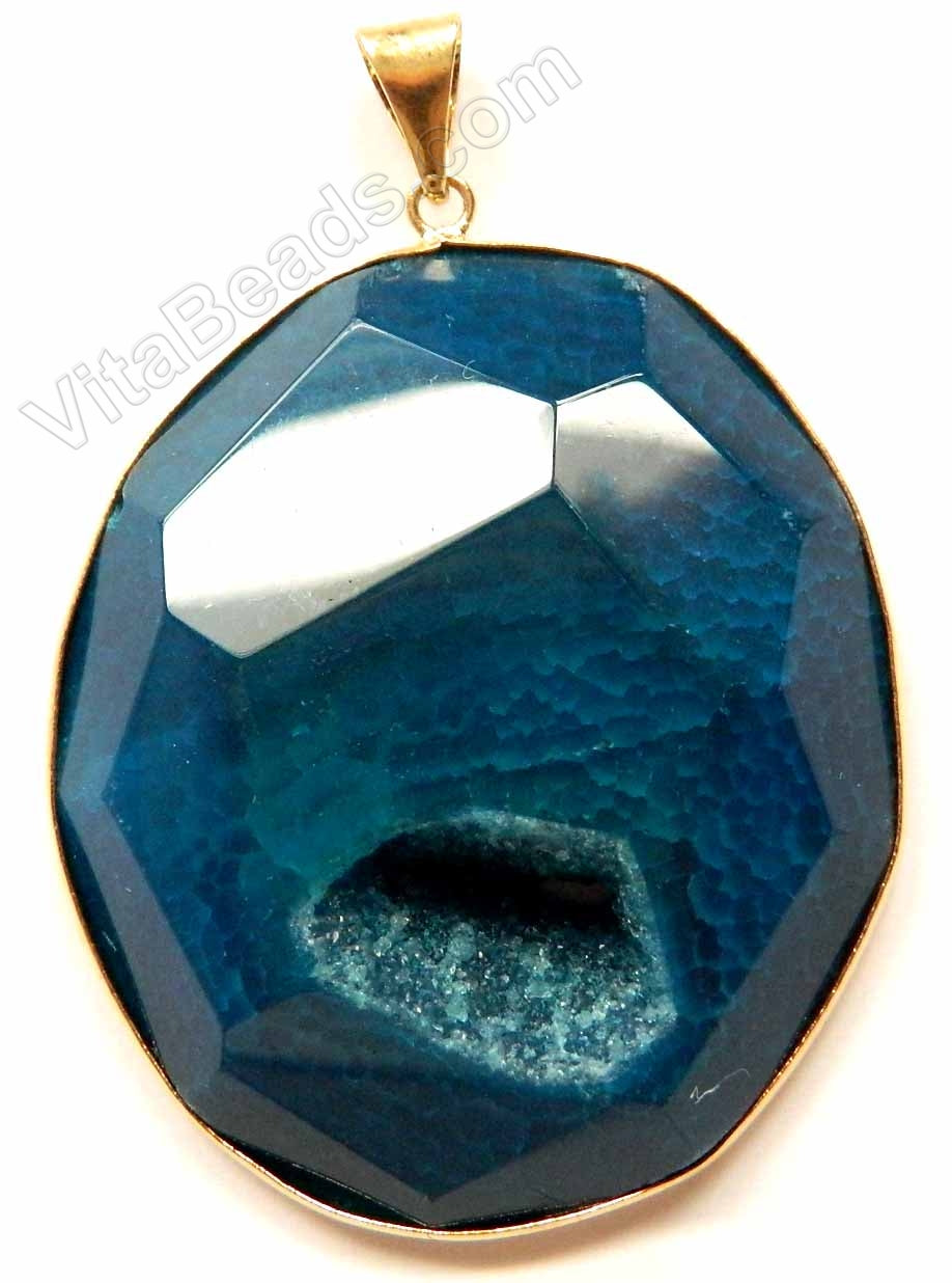 Faceted Irregular Pendant - Dark Blue Fire Agate w/ Quartz - 03