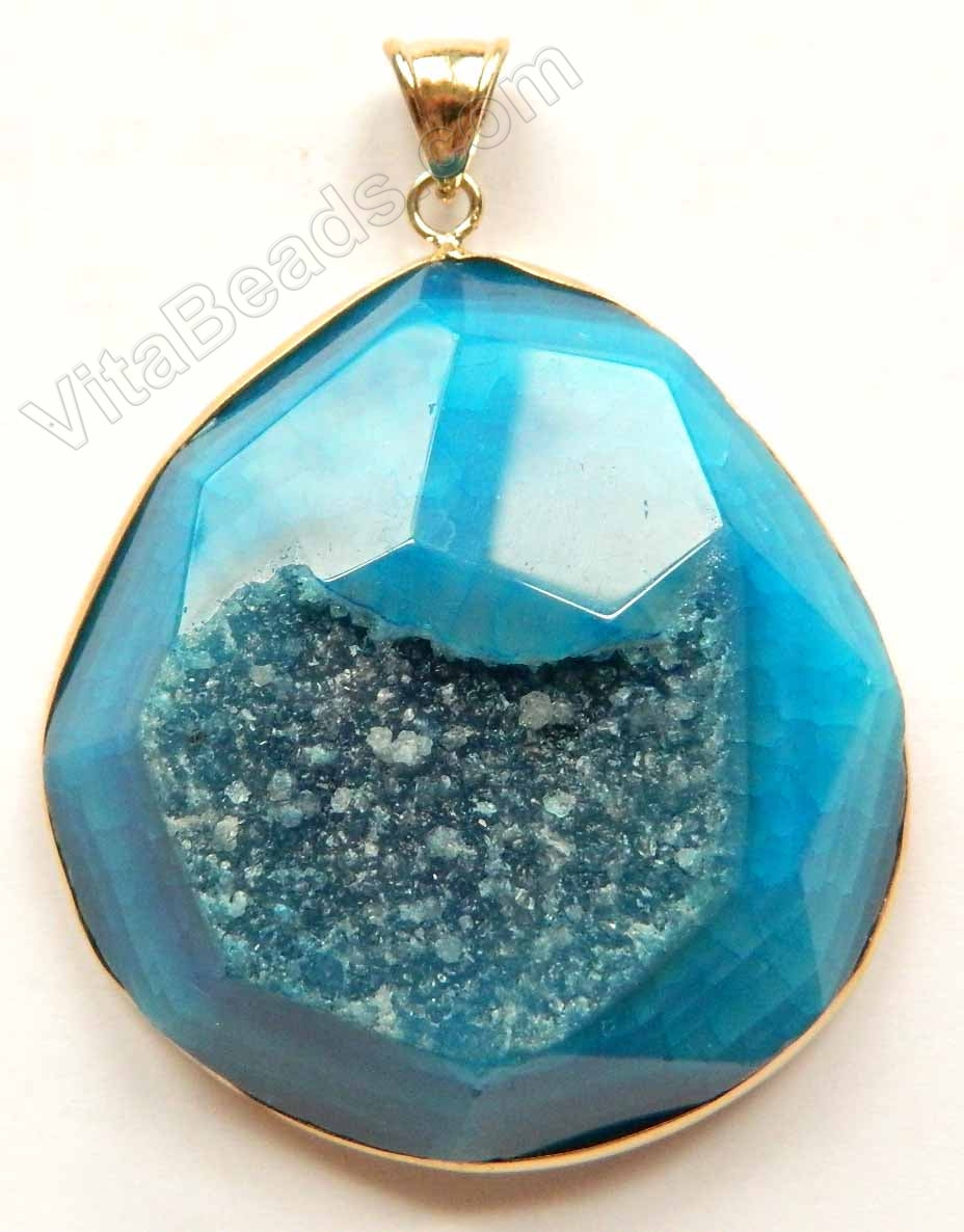 Faceted Irregular Pendant - Dark Blue Fire Agate w/ Quartz - 09