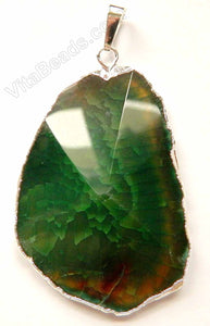 Faceted Irregular Pendant - Dark Green Fire Agate w/ Silver Trim and Bail